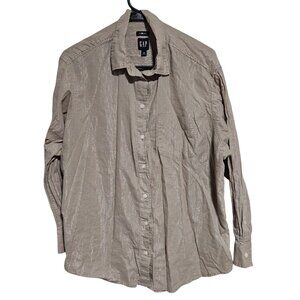 Gap Big Shirt Button Front Womens Size Medium Beige Metallic Stripe Long Sleeve